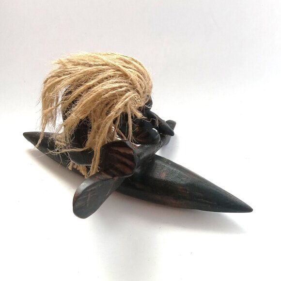 VTG Hand Carved Primitive Tribal Figurines Wood Folk Art Paddling Man in Kayak - Picture 3 of 8